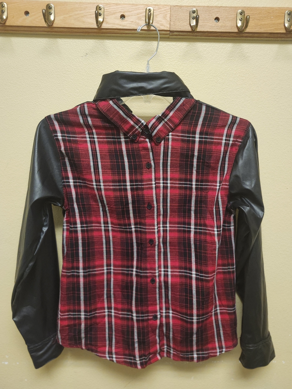 Kids Plaid Button-Up Shirt with Faux Leather Sleeves - Red